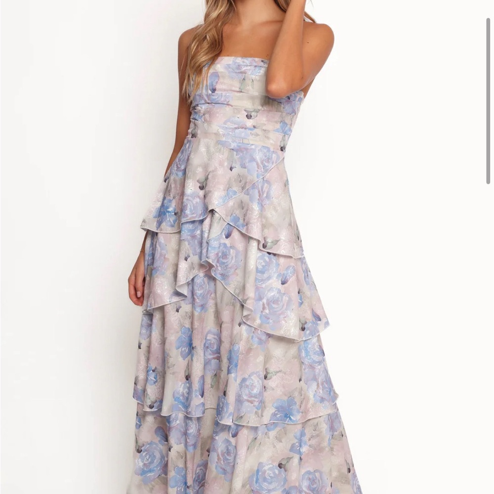 Petal & Pup Strapless Blue Floral Ruffled Maxi Dress - Picture 2 of 7